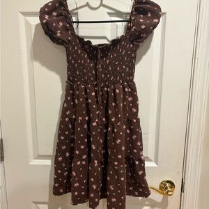 Brown Dress with Pink Floral Pattern